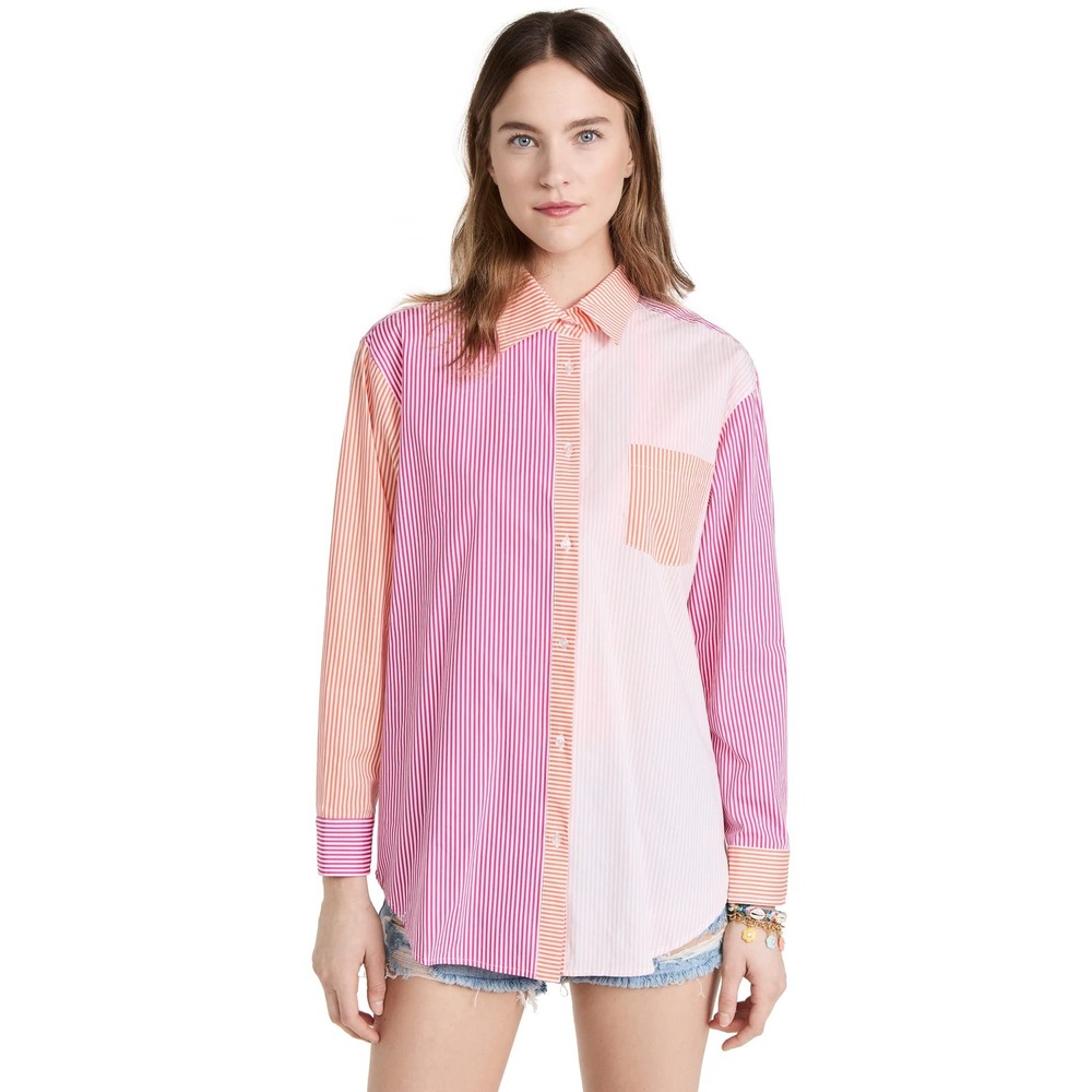 Solid‎ & Striped EUC Womens Small Colorblock Striped Button Up Shirt Pink Orange